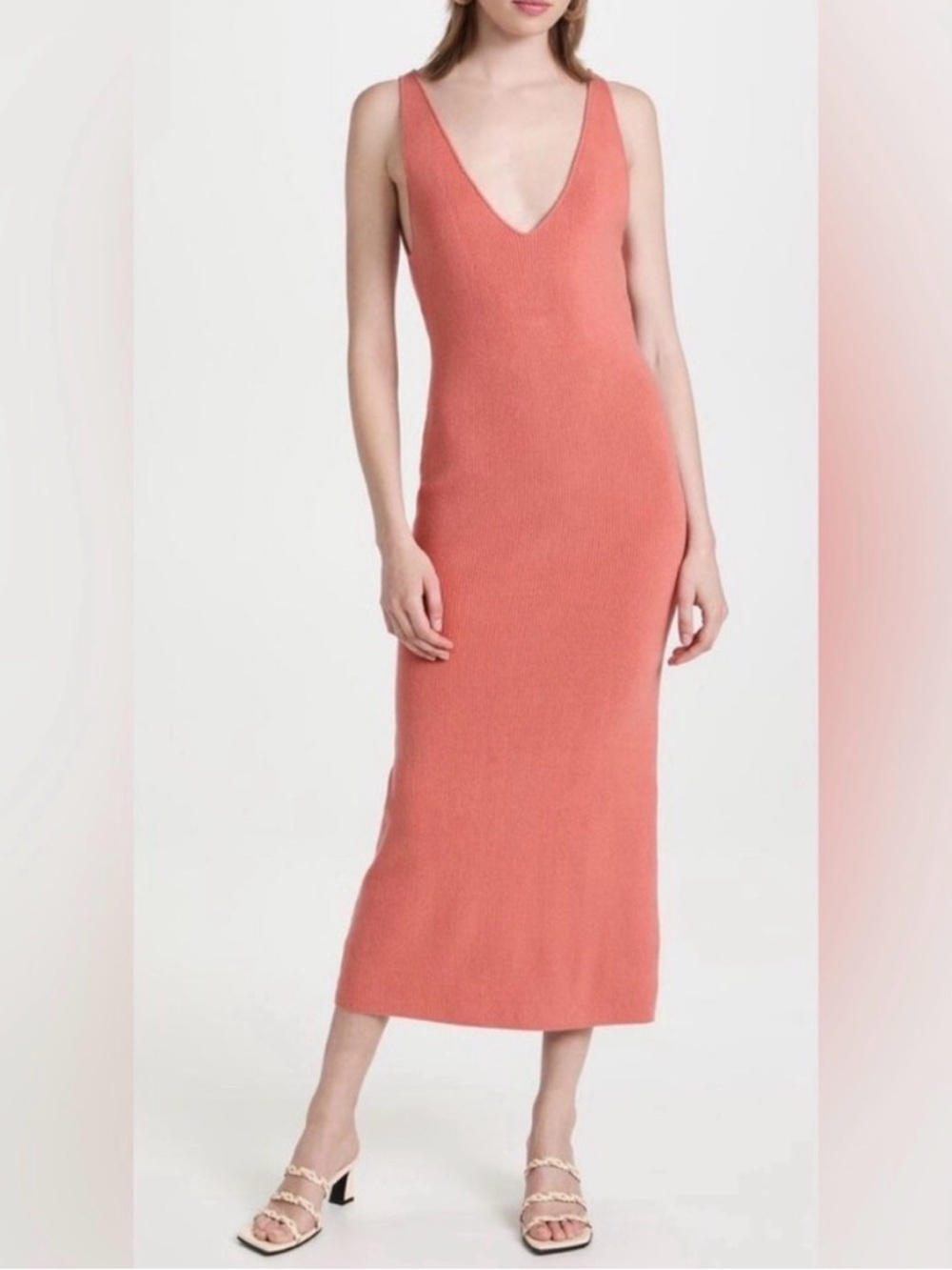 Free People Daniela Low Back Sleeveless V-Neck Ribbed Midi Dress - Coral - XS